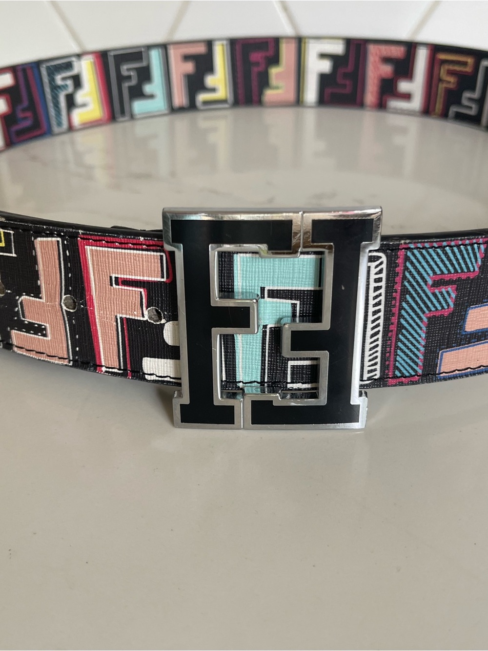 Fendi Black Leather Belt with Multicolor FF Logo and Silver Double F Buckle